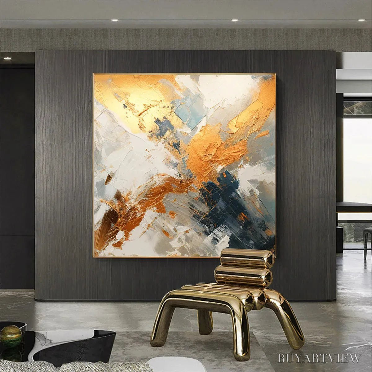 BUYARTVIEW Gilded Confluence – Square Abstract Oil Painting with Gold, and Grey - image 5