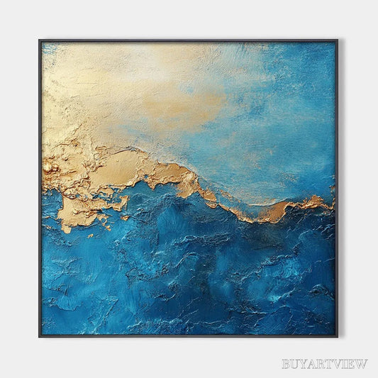 BUYARTVIEW Gilded Tidepool – Square Abstract Oil Painting with Gold Leaf and Blue - image 1