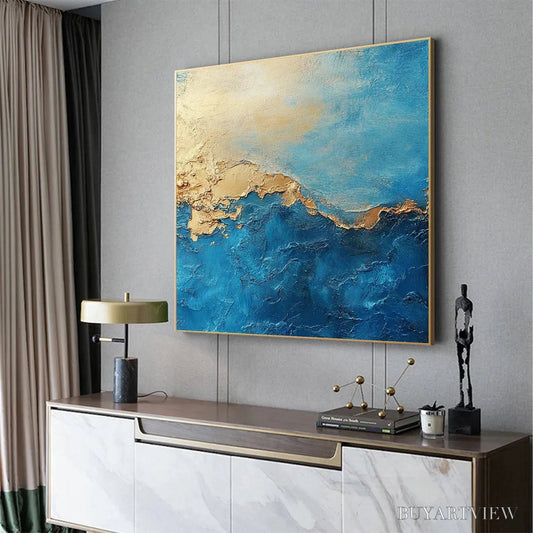 BUYARTVIEW Gilded Tidepool – Square Abstract Oil Painting with Gold Leaf and Blue - image 2