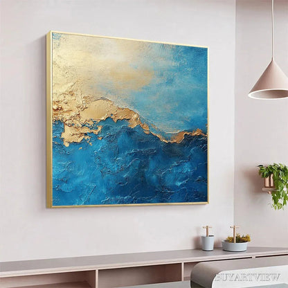 BUYARTVIEW Gilded Tidepool – Square Abstract Oil Painting with Gold Leaf and Blue - image 4