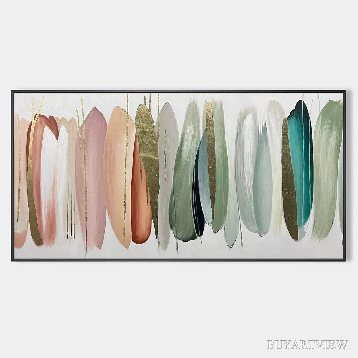 BUYARTVIEW Autumn Whispers – Abstract Painting in Pink, Green, and Gold, Horizontal Canvas, Modern - image 1