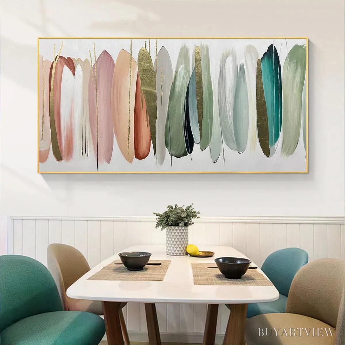 BUYARTVIEW Autumn Whispers – Abstract Painting in Pink, Green, and Gold, Horizontal Canvas, Modern - image 2
