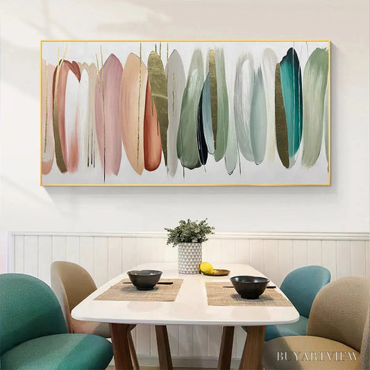 BUYARTVIEW Autumn Whispers – Abstract Painting in Pink, Green, and Gold, Horizontal Canvas, Modern - image 2