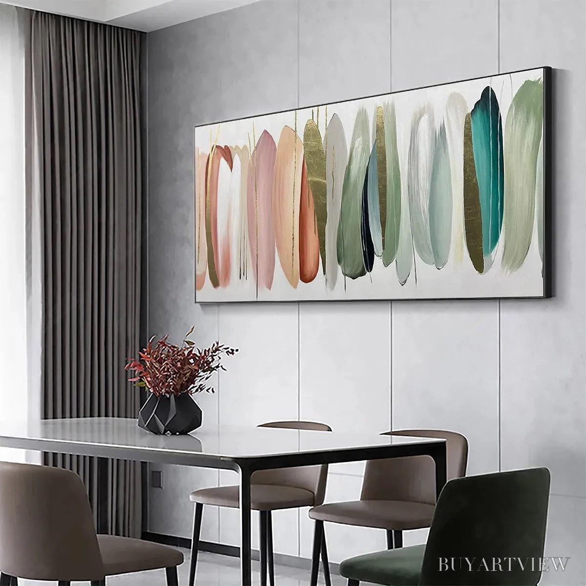 BUYARTVIEW Autumn Whispers – Abstract Painting in Pink, Green, and Gold, Horizontal Canvas, Modern - image 4
