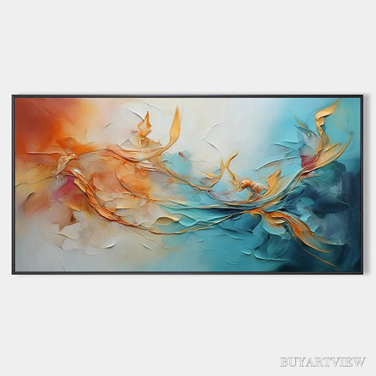 BUYARTVIEW Golden Currents – Panoramic Abstract Teal and Gold Oil Painting - image 1
