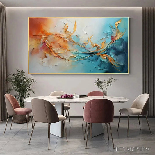BUYARTVIEW Golden Currents – Panoramic Abstract Teal and Gold Oil Painting - image 2