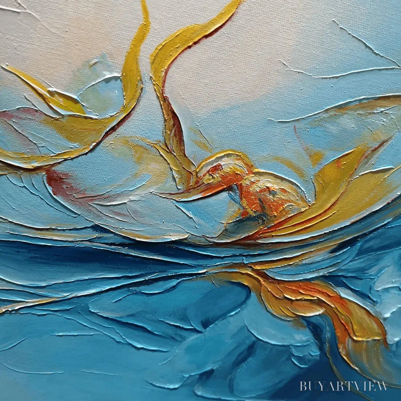 BUYARTVIEW Golden Currents – Panoramic Abstract Teal and Gold Oil Painting - image 3