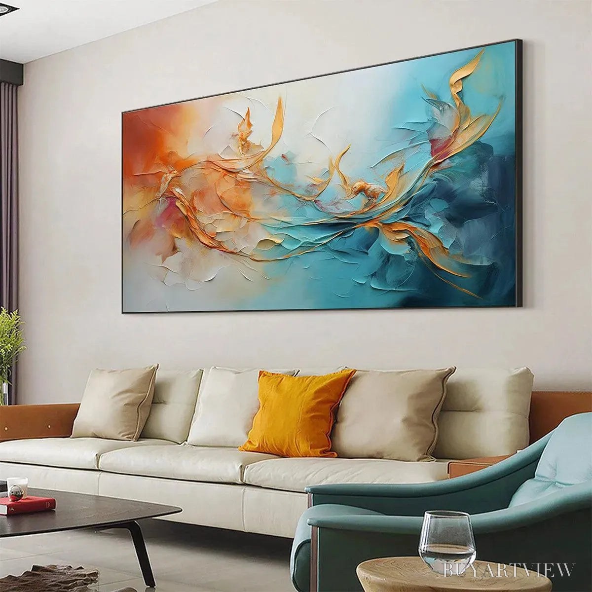 BUYARTVIEW Golden Currents – Panoramic Abstract Teal and Gold Oil Painting - image 4