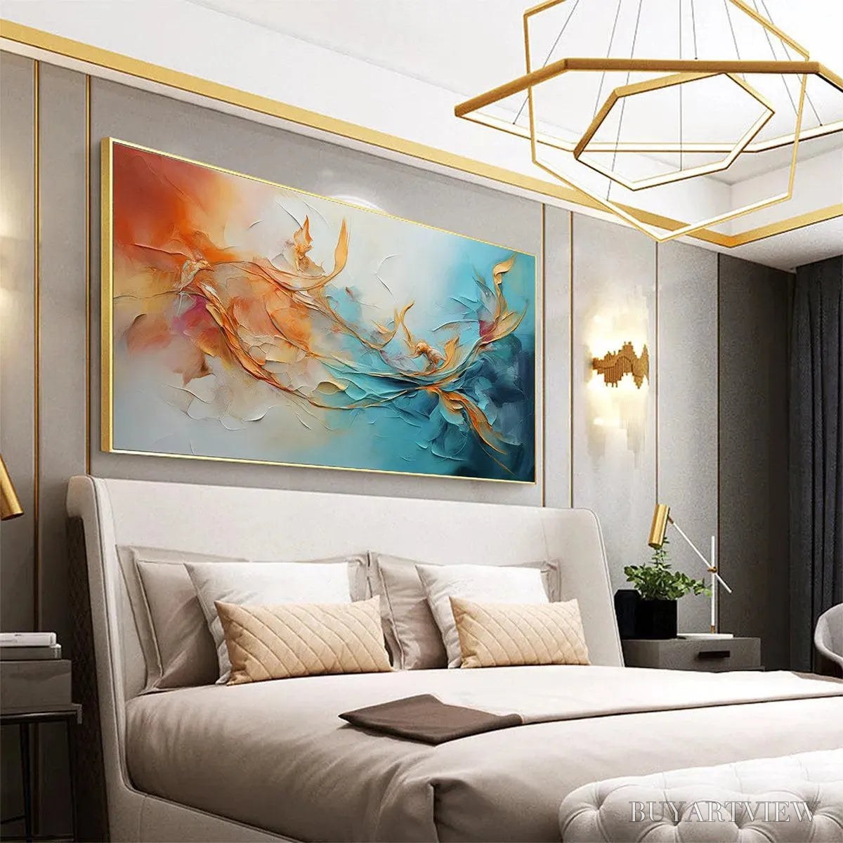 BUYARTVIEW Golden Currents – Panoramic Abstract Teal and Gold Oil Painting - image 5