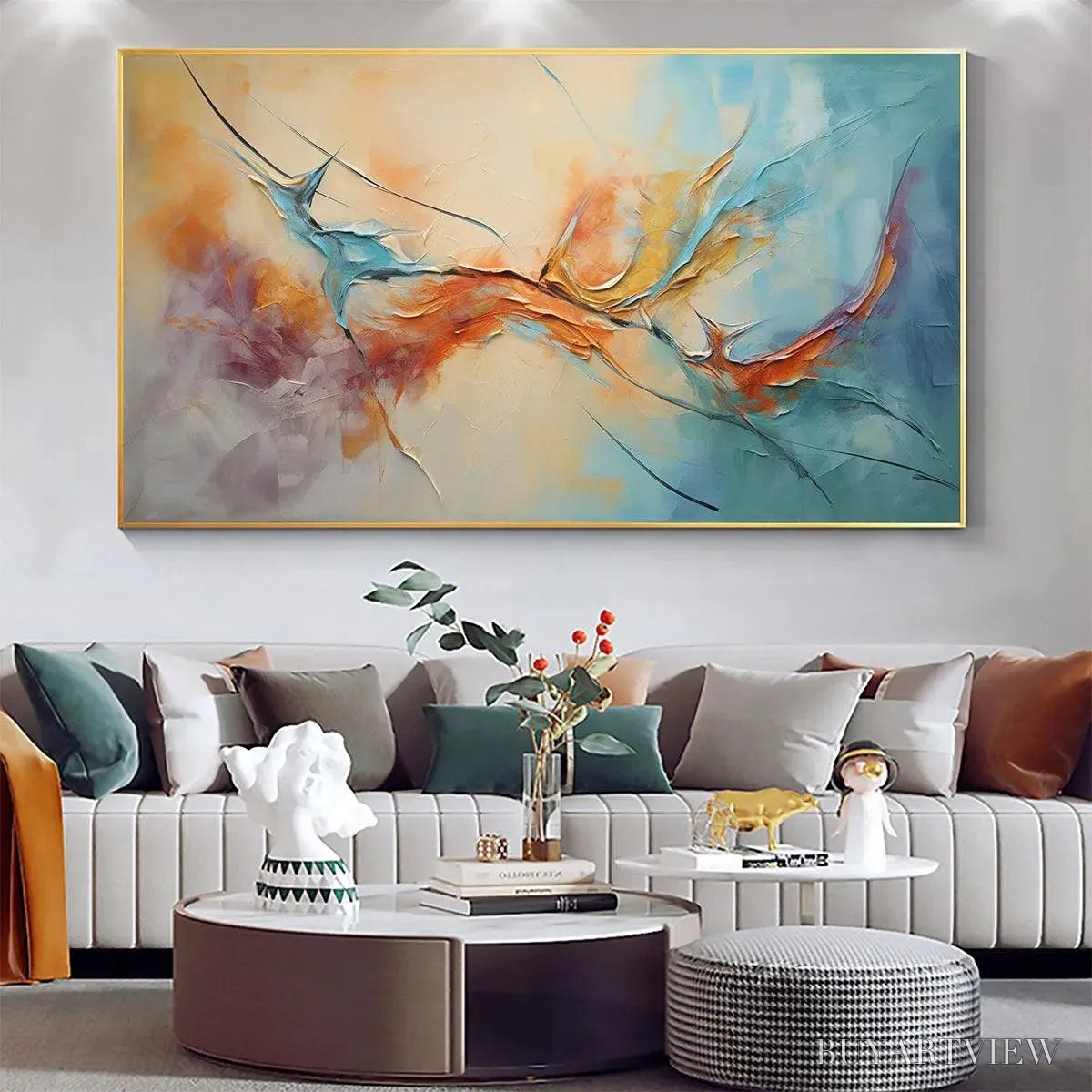 BUYARTVIEW Coral Reef – Panoramic Abstract Blue and Orange Oil Painting - image 4