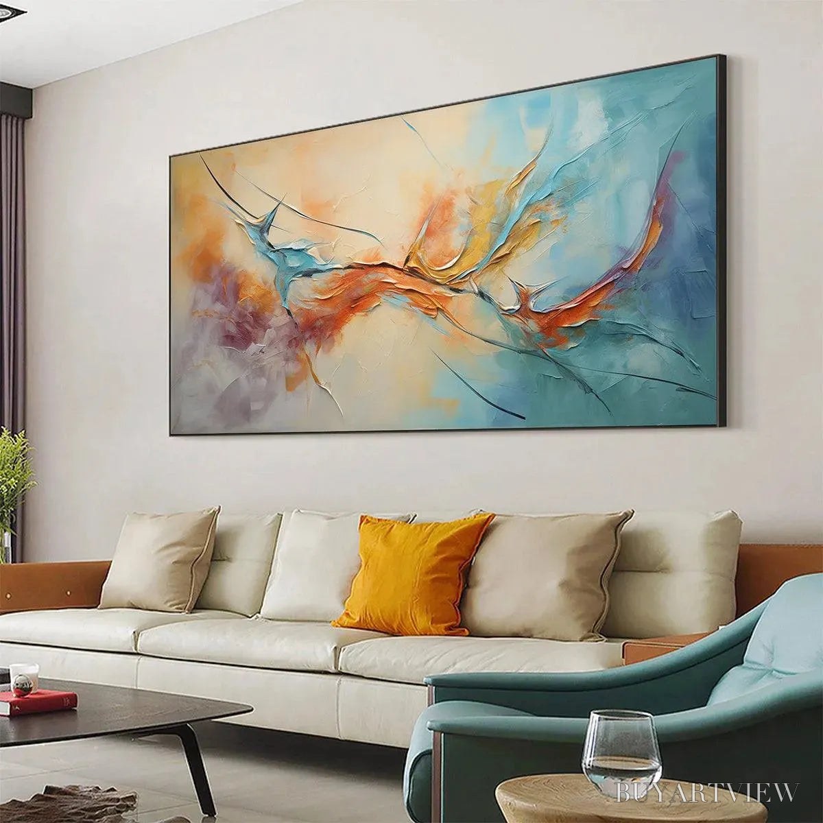 BUYARTVIEW Coral Reef – Panoramic Abstract Blue and Orange Oil Painting - image 5