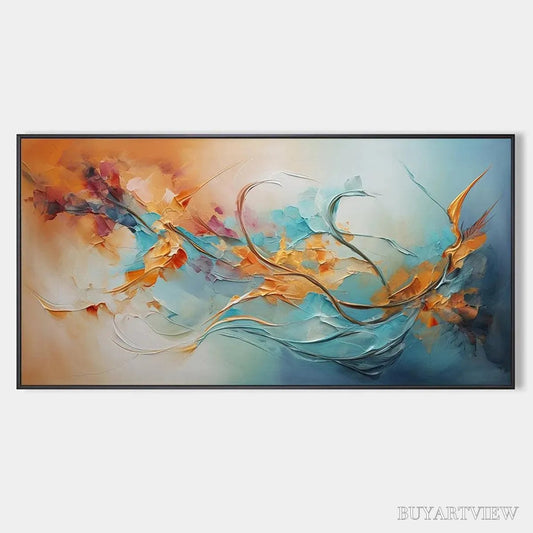 BUYARTVIEW Serene Dawn – Panoramic Abstract Teal and Gold Oil Painting - image 1