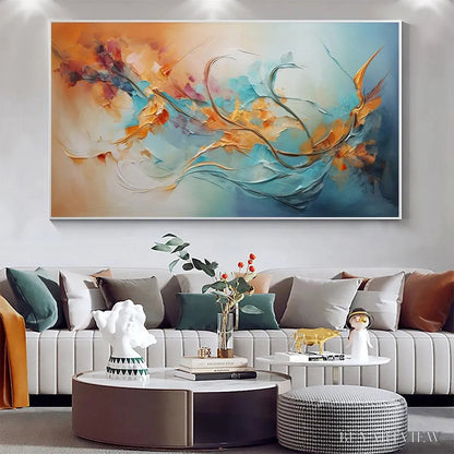 BUYARTVIEW Serene Dawn – Panoramic Abstract Teal and Gold Oil Painting - image 2