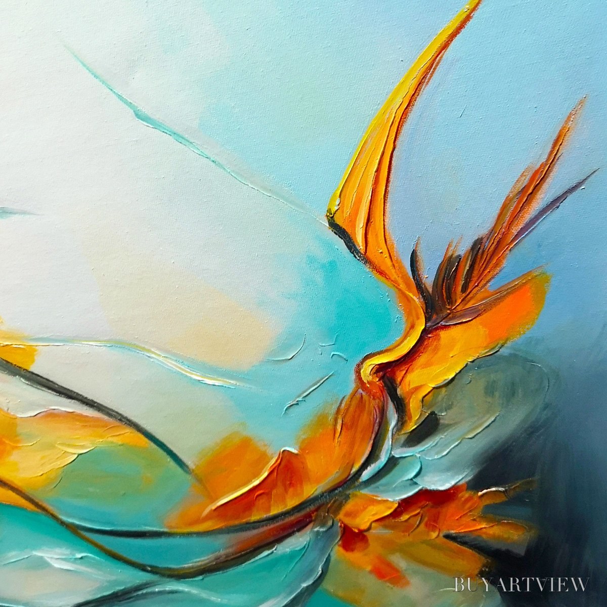 BUYARTVIEW Serene Dawn – Panoramic Abstract Teal and Gold Oil Painting - image 3