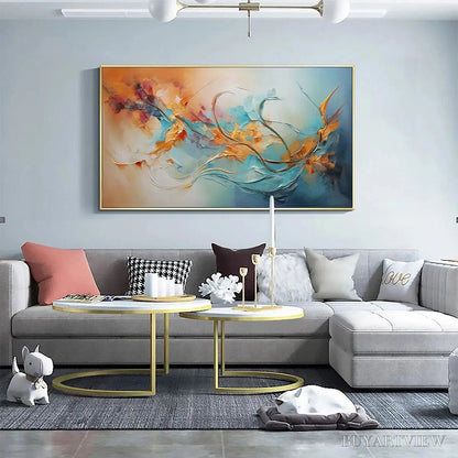BUYARTVIEW Serene Dawn – Panoramic Abstract Teal and Gold Oil Painting - image 4