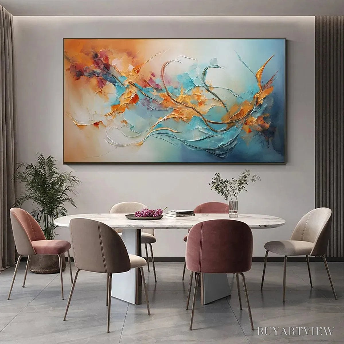 BUYARTVIEW Serene Dawn – Panoramic Abstract Teal and Gold Oil Painting - image 5