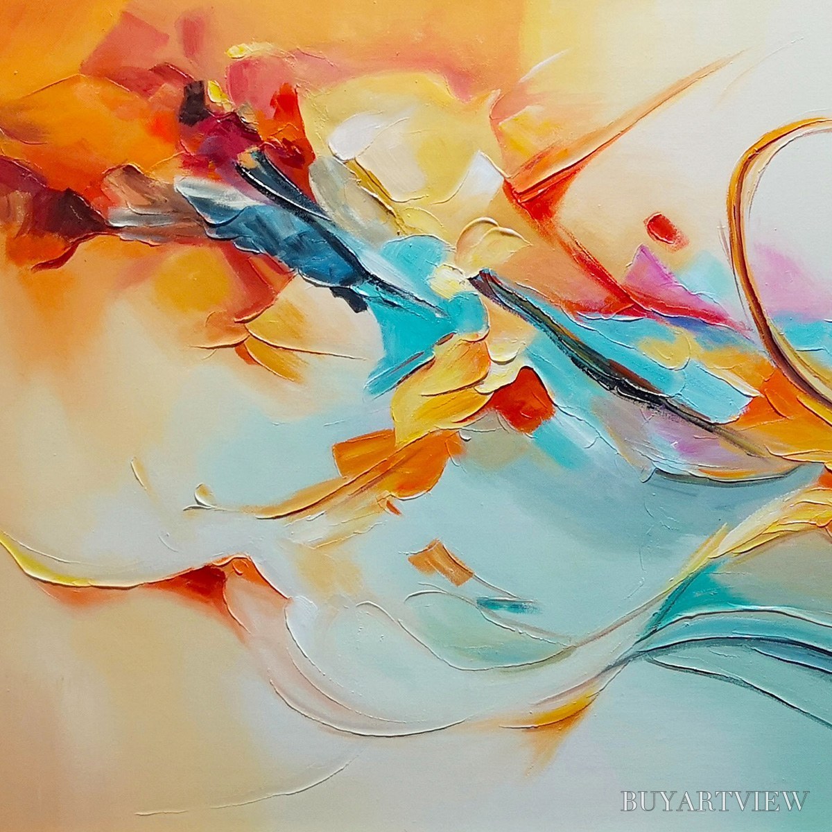 BUYARTVIEW Serene Dawn – Panoramic Abstract Teal and Gold Oil Painting - image 6