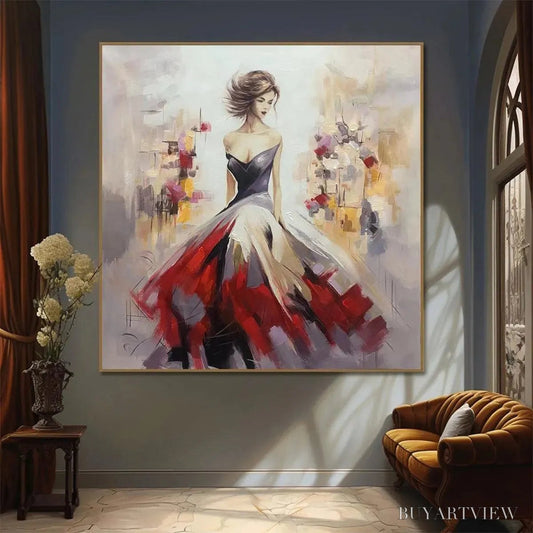 BUYARTVIEW Elegant Lady in Red Dress Oil Painting - Abstract Art - image 2