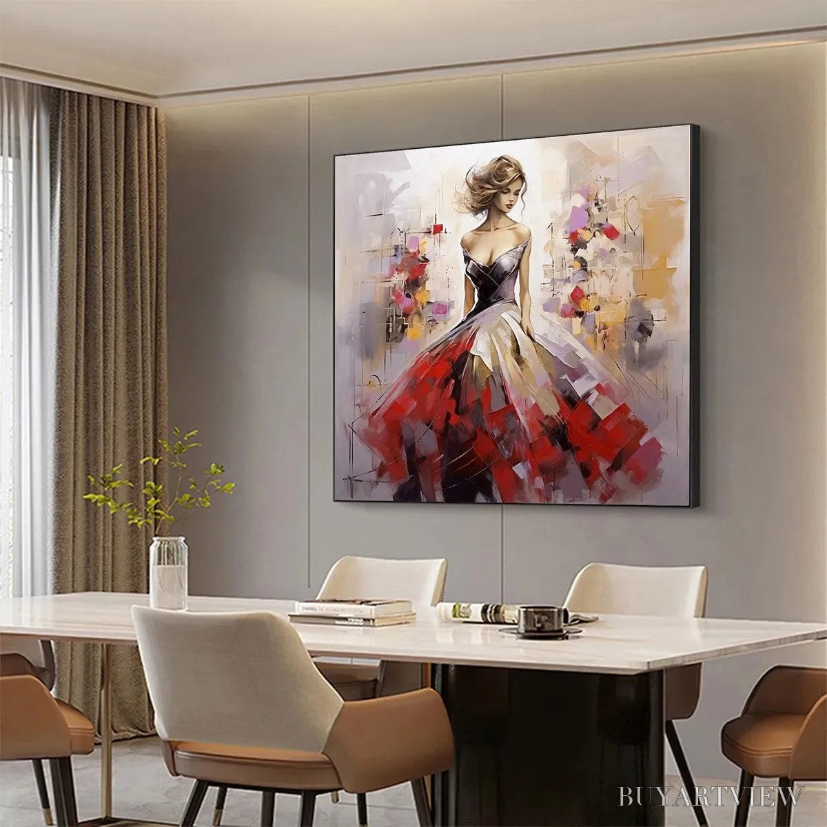 BUYARTVIEW Elegant Lady in Red Dress Oil Painting - Abstract Art - image 4
