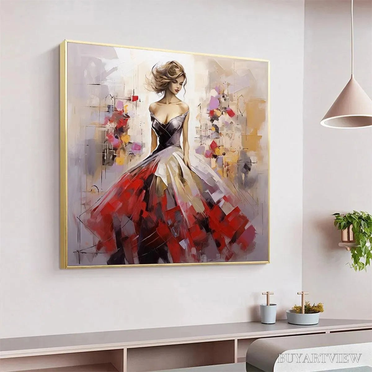BUYARTVIEW Elegant Lady in Red Dress Oil Painting - Abstract Art - image 5