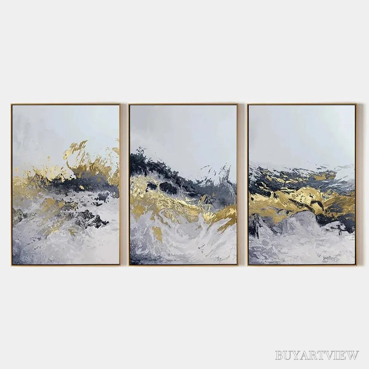 BUYARTVIEW Gold & Grey Abstract Triptych – Abstract Painting Set of 3, Vertical - image 1