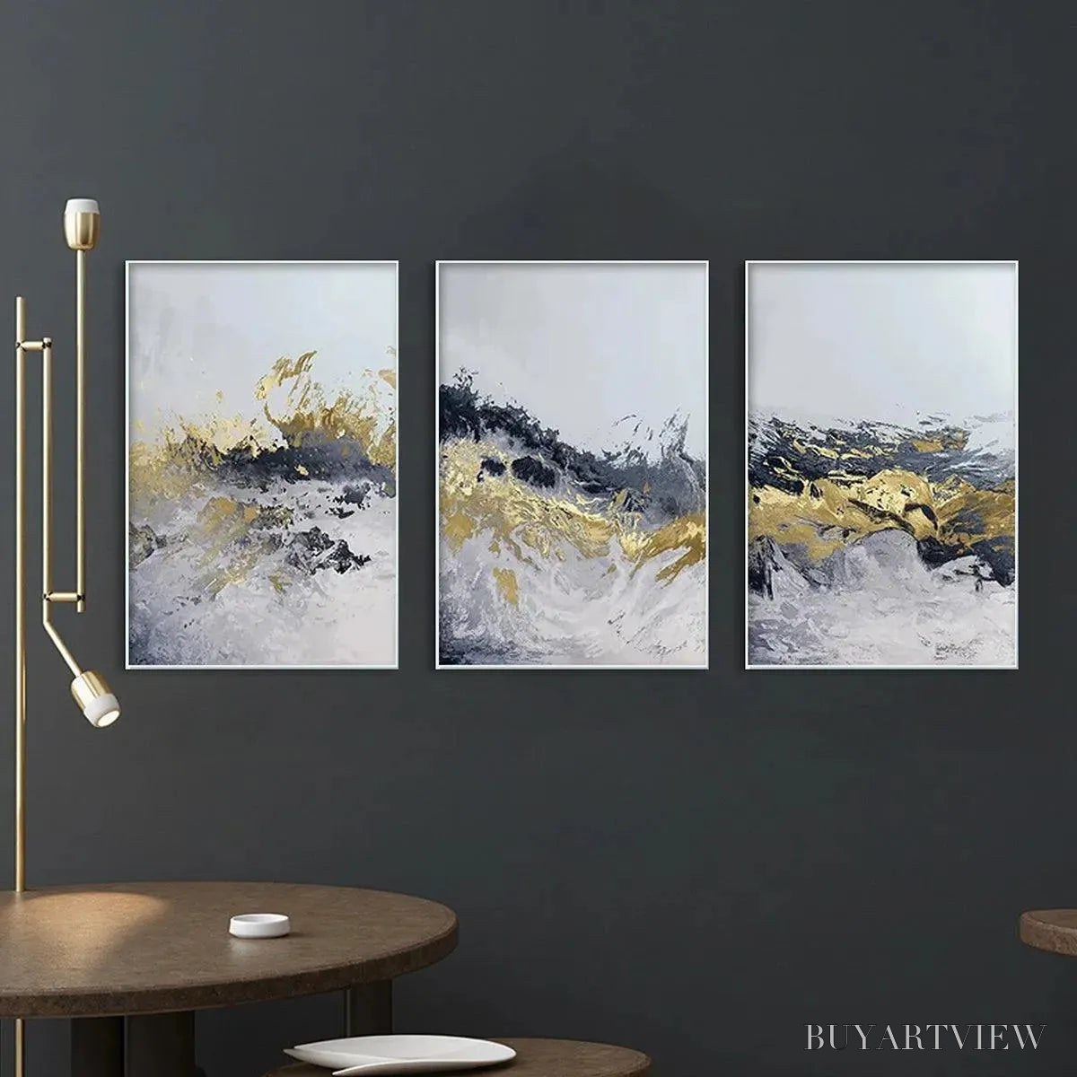 BUYARTVIEW Gold & Grey Abstract Triptych – Abstract Painting Set of 3, Vertical - image 4