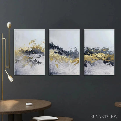 BUYARTVIEW Gold & Grey Abstract Triptych – Abstract Painting Set of 3, Vertical - image 4