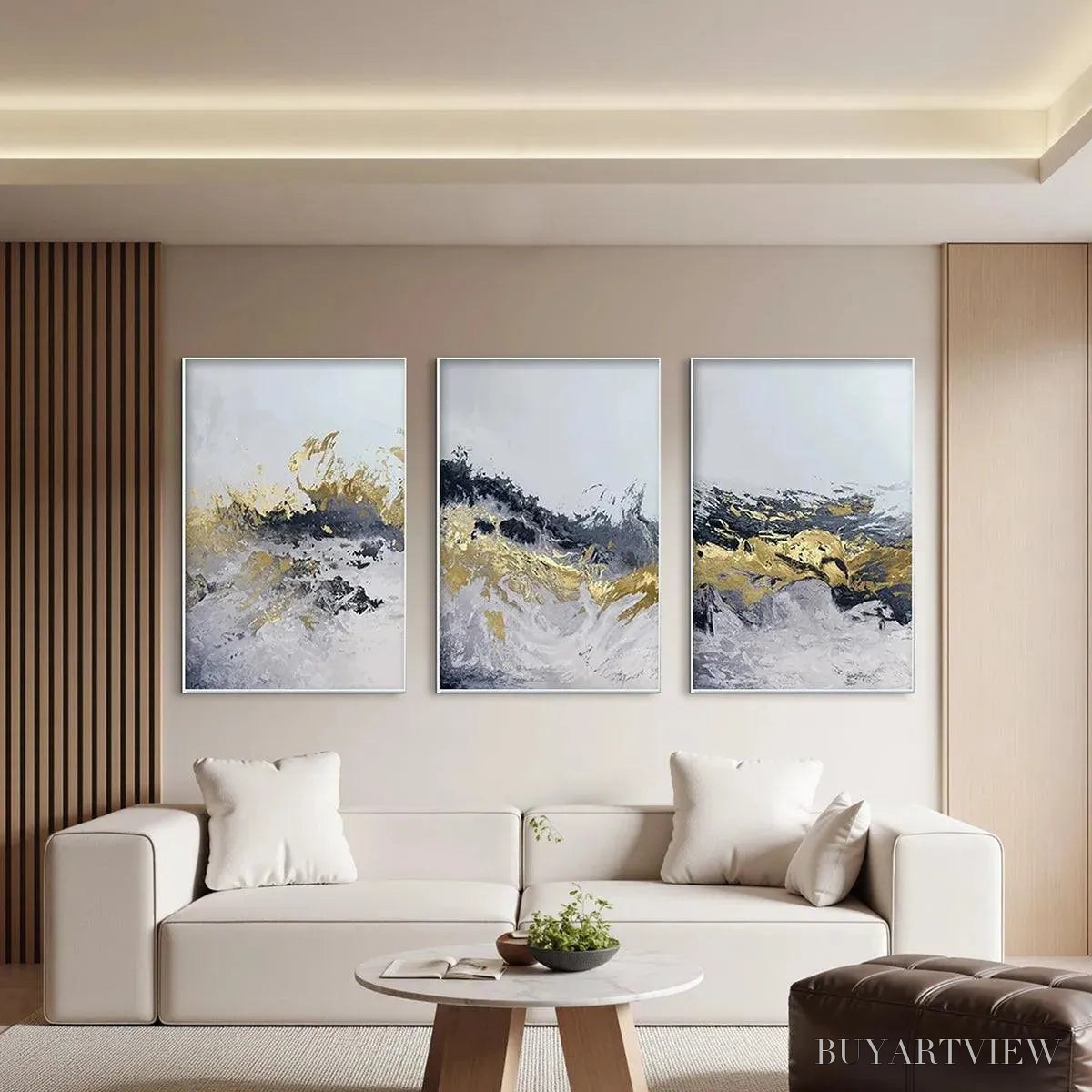 BUYARTVIEW Gold & Grey Abstract Triptych – Abstract Painting Set of 3, Vertical - image 5