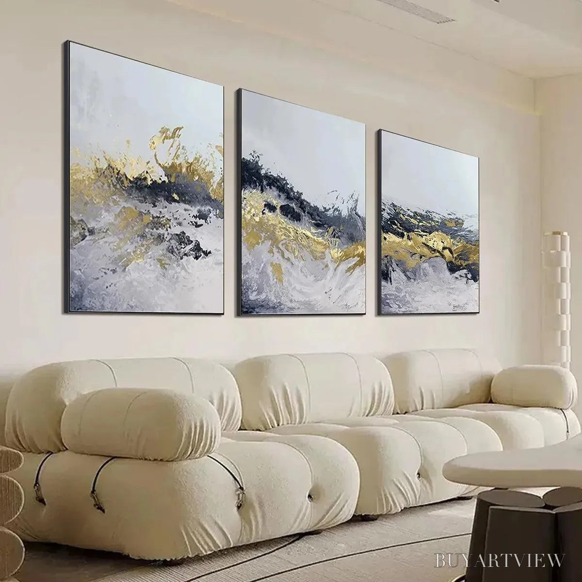 BUYARTVIEW Gold & Grey Abstract Triptych – Abstract Painting Set of 3, Vertical - image 6