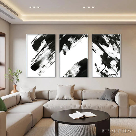 BUYARTVIEW Black & White Abstract Triptych – Abstract Painting Set of 3, Vertical - image 2