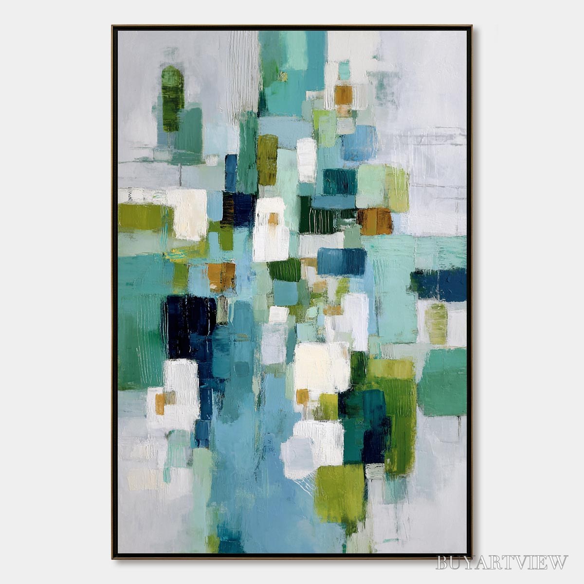 BUYARTVIEW Emerald Cascade – Modern Geometric Abstract Painting in Green and Blue - image 1