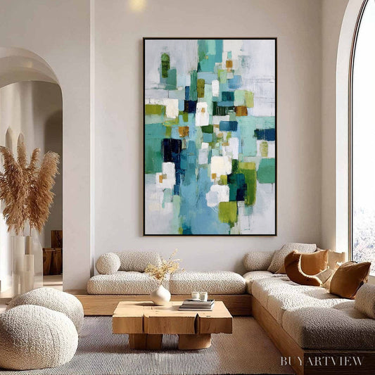 BUYARTVIEW Emerald Cascade – Modern Geometric Abstract Painting in Green and Blue - image 2