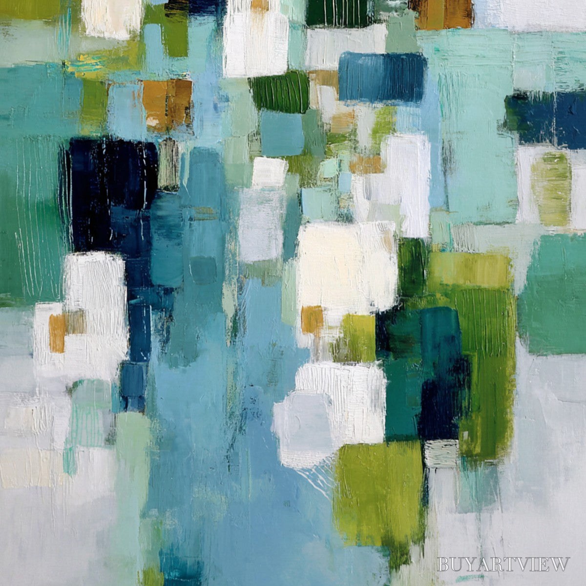 BUYARTVIEW Emerald Cascade – Modern Geometric Abstract Painting in Green and Blue - image 3