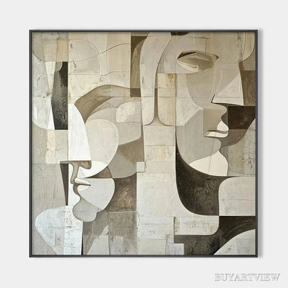BUYARTVIEW Abstract Faces – Cubist Painting, Neutral Tones , Square Canvas Art, Modern Decor - image 1