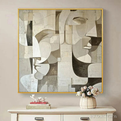 BUYARTVIEW Abstract Faces – Cubist Painting, Neutral Tones , Square Canvas Art, Modern Decor - image 2
