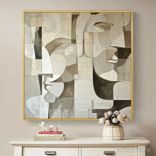 BUYARTVIEW Abstract Faces – Cubist Painting, Neutral Tones , Square Canvas Art, Modern Decor - image 2