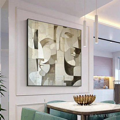 BUYARTVIEW Abstract Faces – Cubist Painting, Neutral Tones , Square Canvas Art, Modern Decor - image 4
