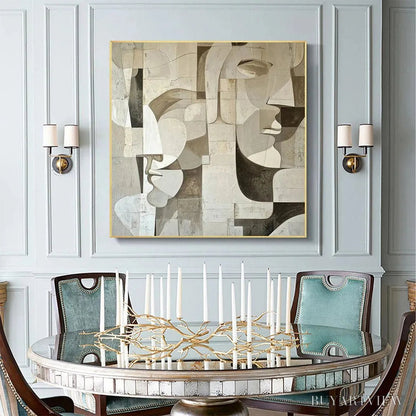 BUYARTVIEW Abstract Faces – Cubist Painting, Neutral Tones , Square Canvas Art, Modern Decor - image 6