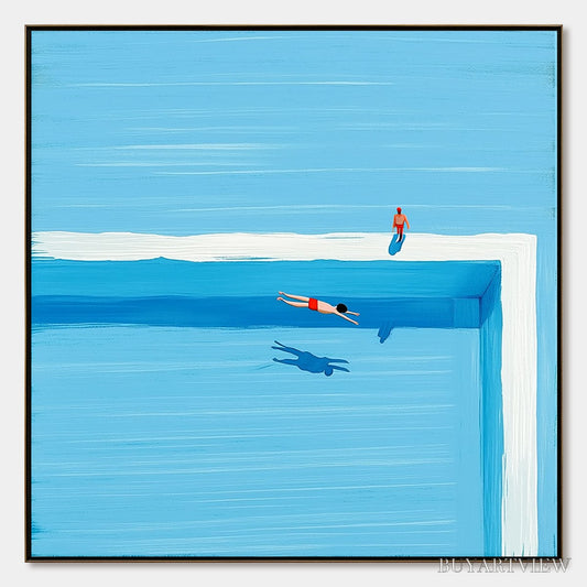 BUYARTVIEW the Plunge – Minimalist Blue Art of a Summer Pool Scene - image 1