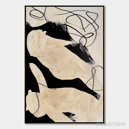 BUYARTVIEW Intertwined – Large Vertical Minimalist Black and Beige Abstract Painting - image 1