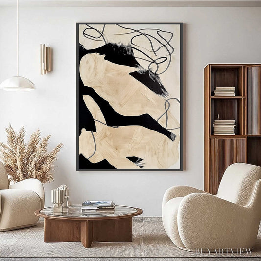 BUYARTVIEW Intertwined – Large Vertical Minimalist Black and Beige Abstract Painting - image 2