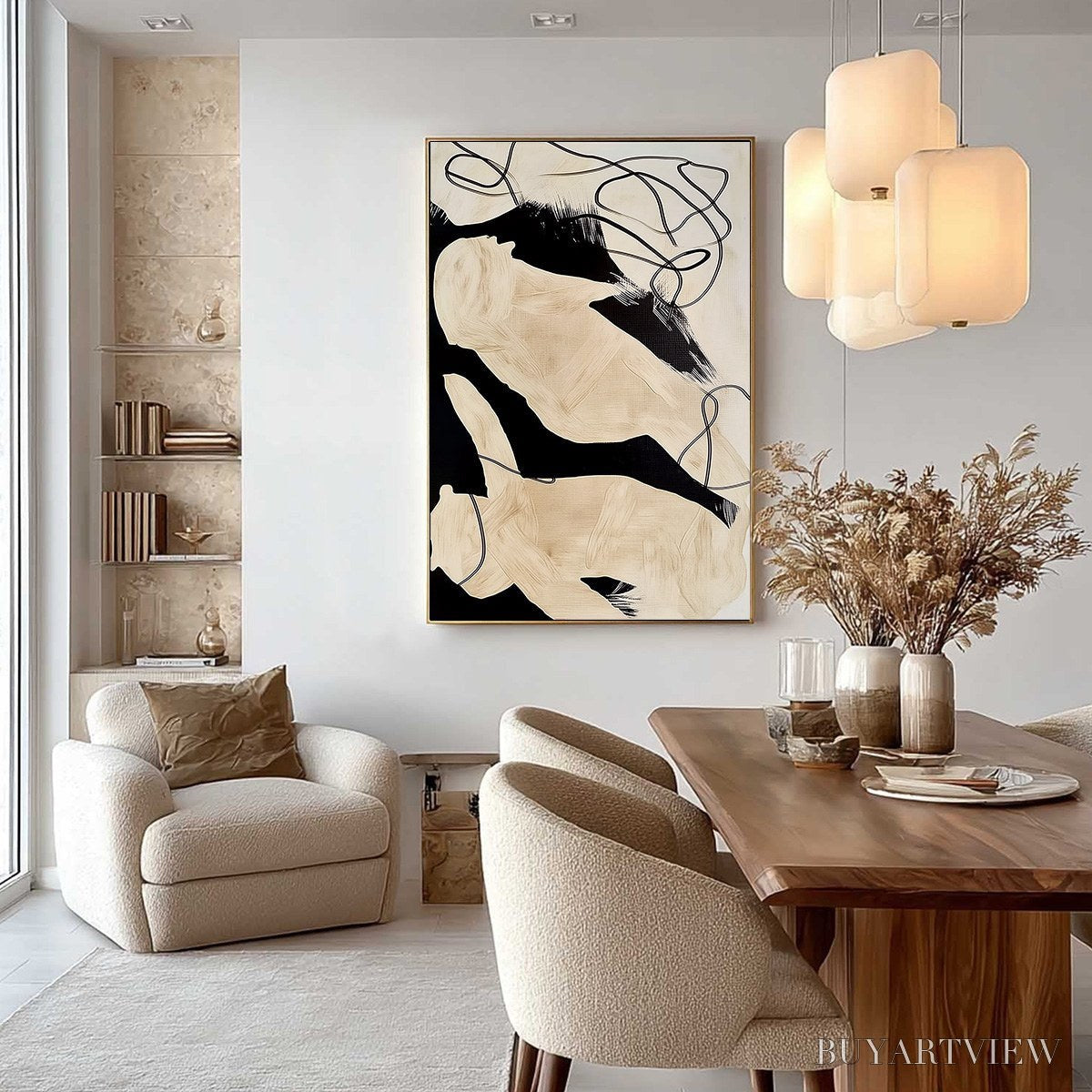 BUYARTVIEW Intertwined – Large Vertical Minimalist Black and Beige Abstract Painting - image 4