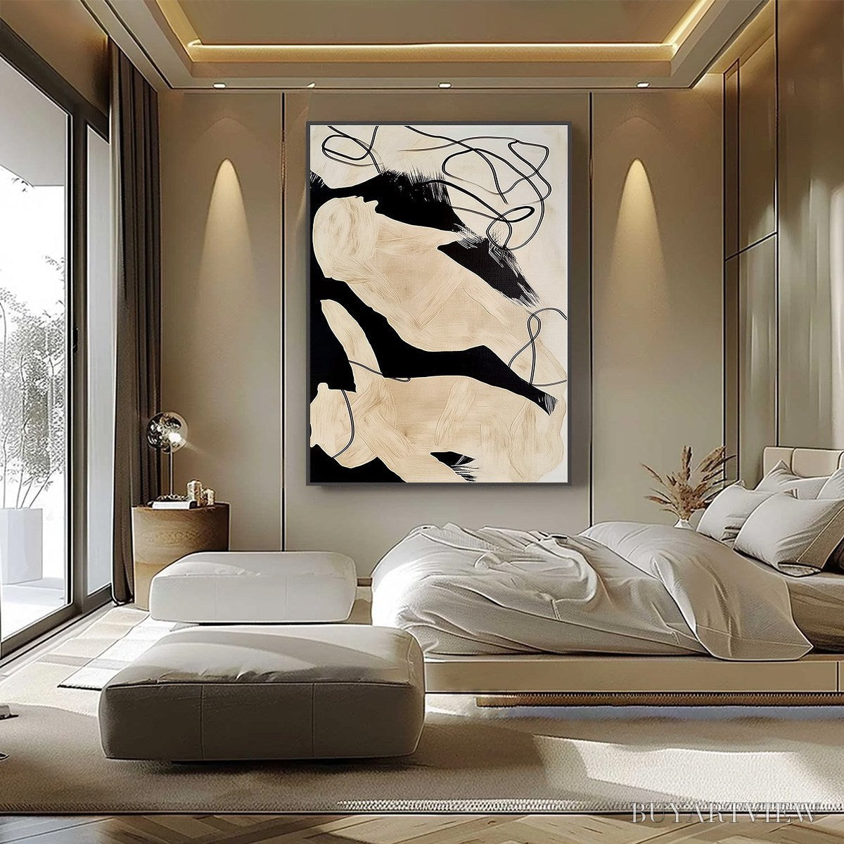 BUYARTVIEW Intertwined – Large Vertical Minimalist Black and Beige Abstract Painting - image 6