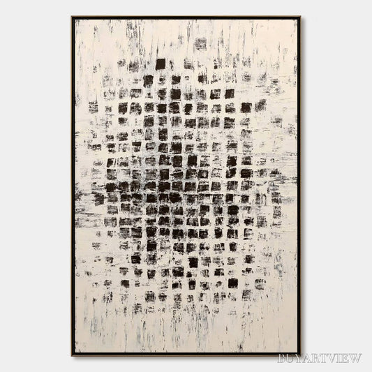 BUYARTVIEW Matrix – Large Black and White Textured Abstract Grid Painting - image 1