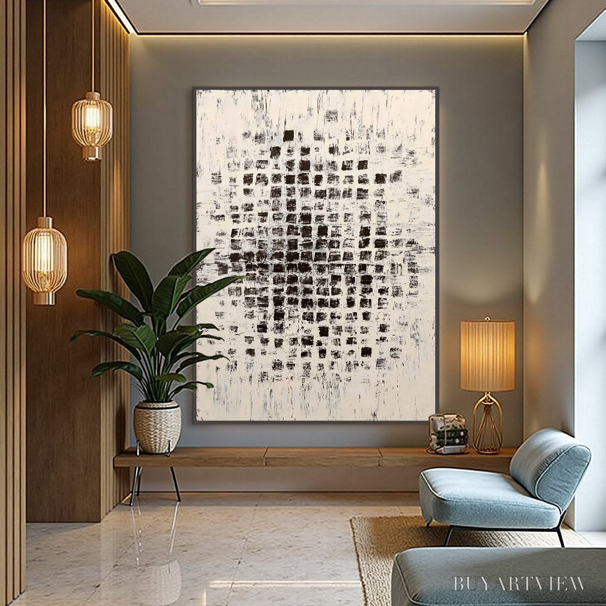 BUYARTVIEW Matrix – Large Black and White Textured Abstract Grid Painting - image 4