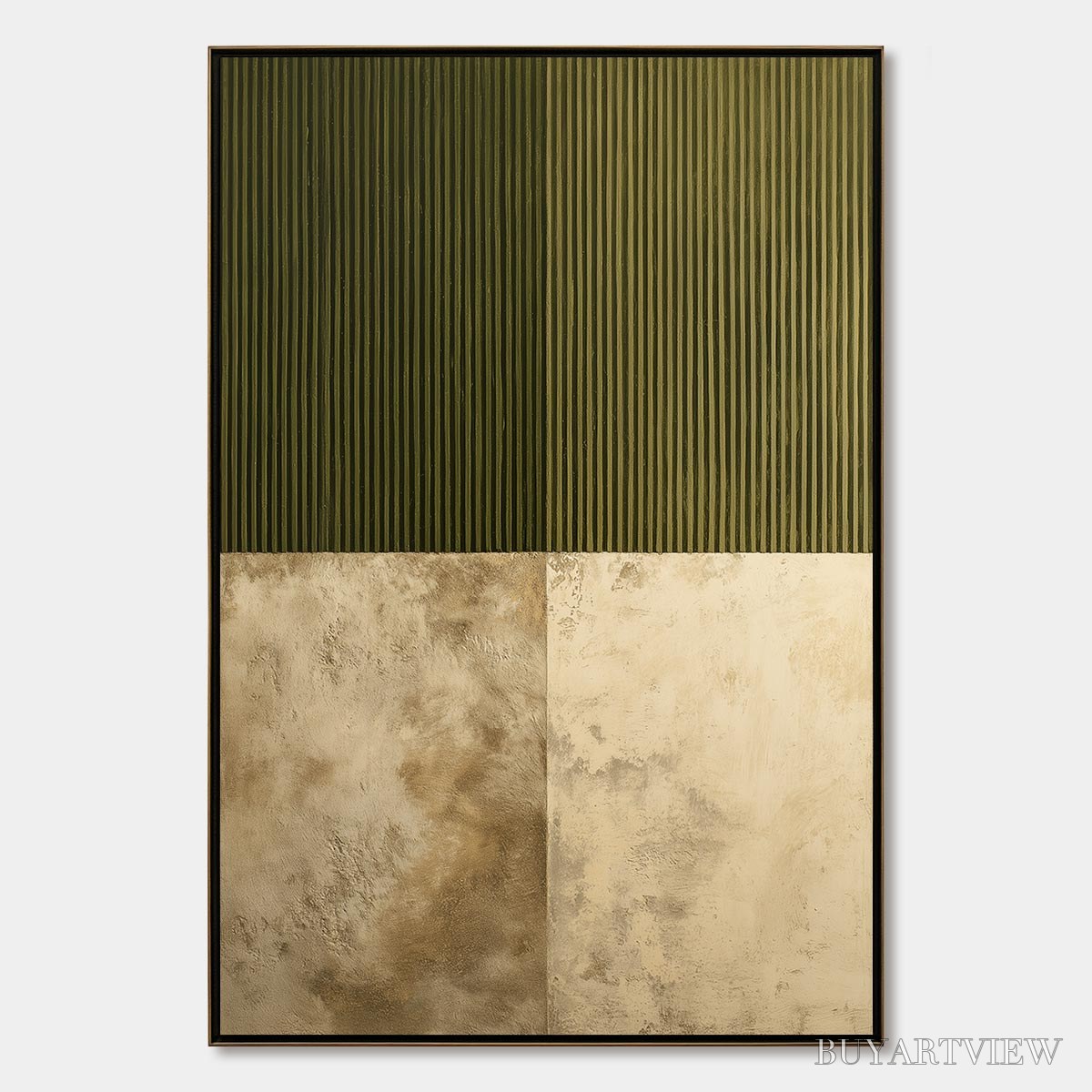 BUYARTVIEW Earthen Rhythm – Textured Minimalist Abstract Painting in Green and Beige - image 1