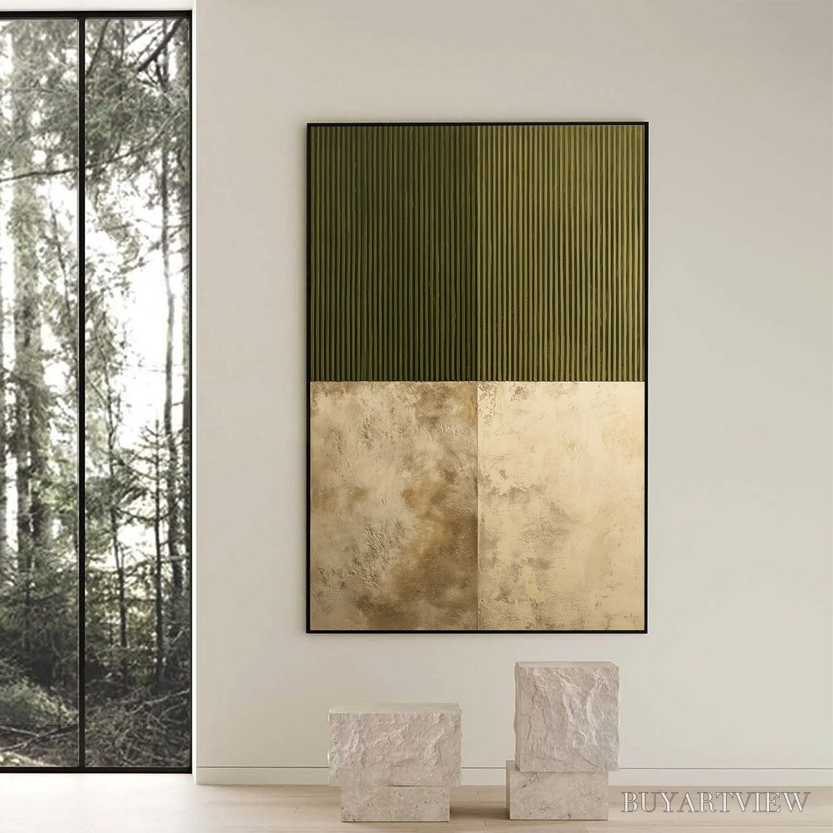 BUYARTVIEW Earthen Rhythm – Textured Minimalist Abstract Painting in Green and Beige - image 6