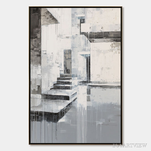 BUYARTVIEW Echoes in Concrete – Monochrome Abstract Architectural Painting - image 1