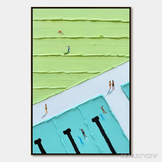 BUYARTVIEW Aqua Promenade – Minimalist Poolside Cityscape Oil Painting - image 1