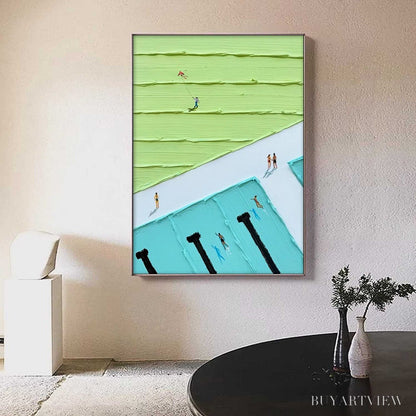 BUYARTVIEW Aqua Promenade – Minimalist Poolside Cityscape Oil Painting - image 2